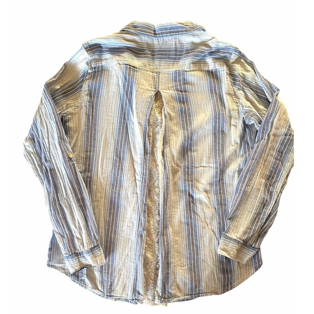 Anthropologie Isabella Sinclair Blue Striped Lace Inset Shirt Medium - Picture 5 of 10